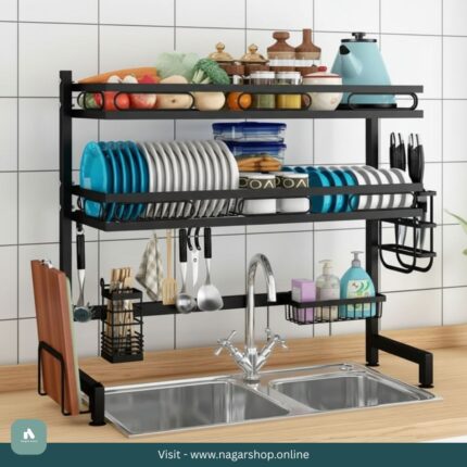 2-Layer Stainless Steel Sink Rack Bowl, Plate & Dish Drainer with Sponge Storage