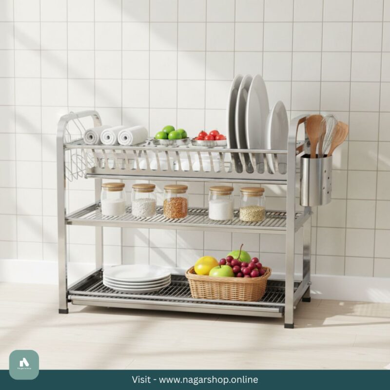 SKB Cookware Wall Hanging 3 Layer Stainless Steel Dish Rack (Square) 18 & 20 Plate - High Quality with Glass & Spoon Holder