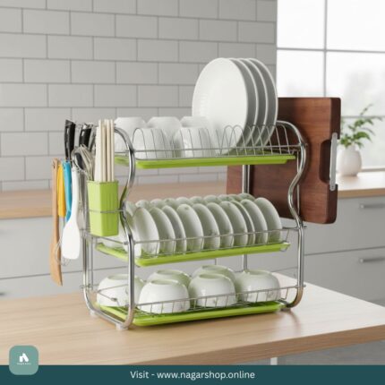 3-Layer Kitchen Dish & Cup Drying Rack | Green Tray